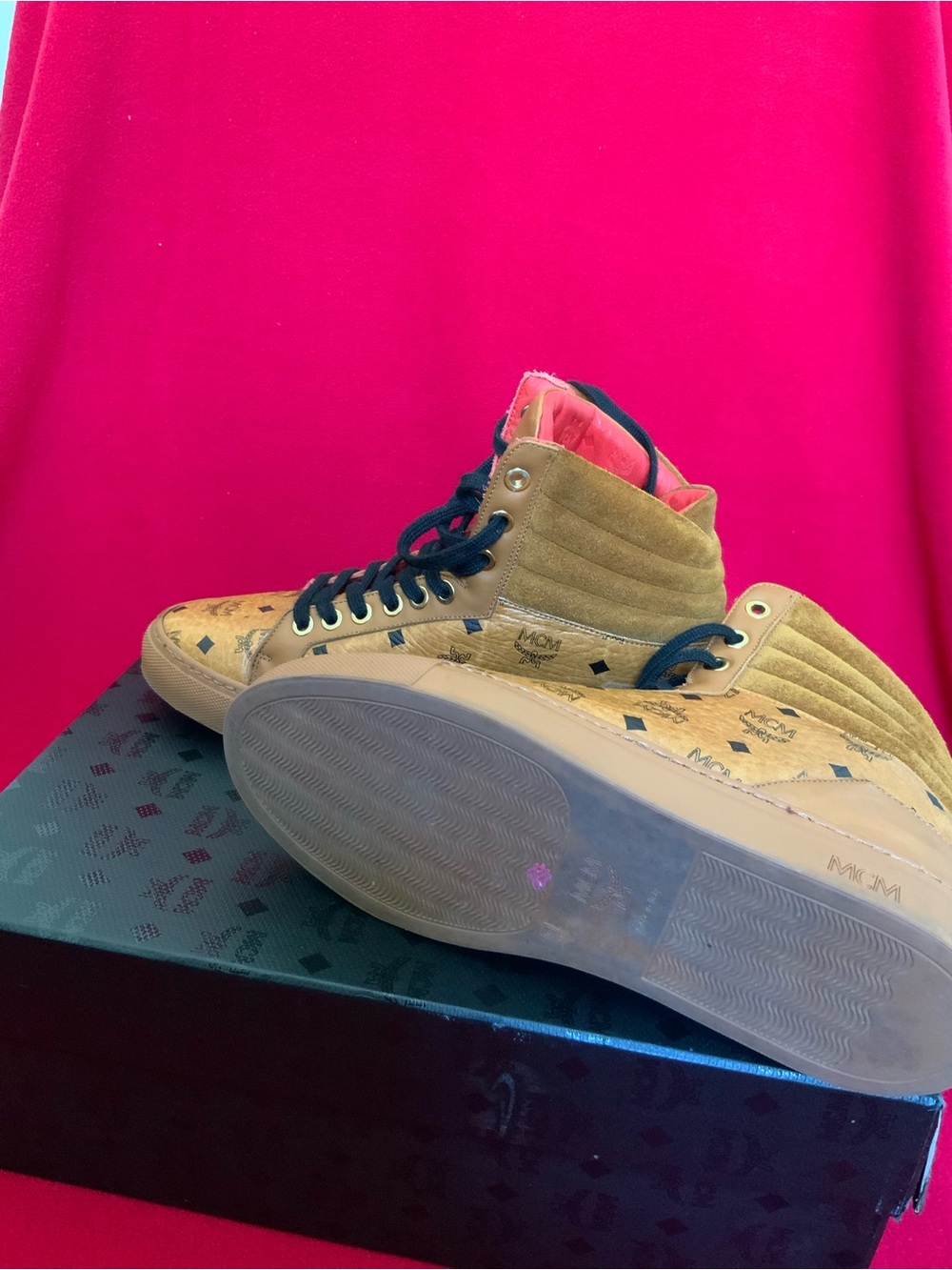 MCM Worldwide Women’s Cognac High Top Brown Black Lace Up Sneakers Size - Picture 3 of 4